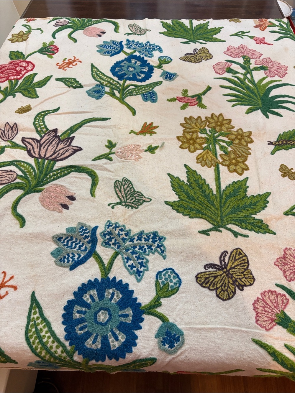 Embroidered Crewel Floral Tablecloth in Cream with Multicolor Blooms
